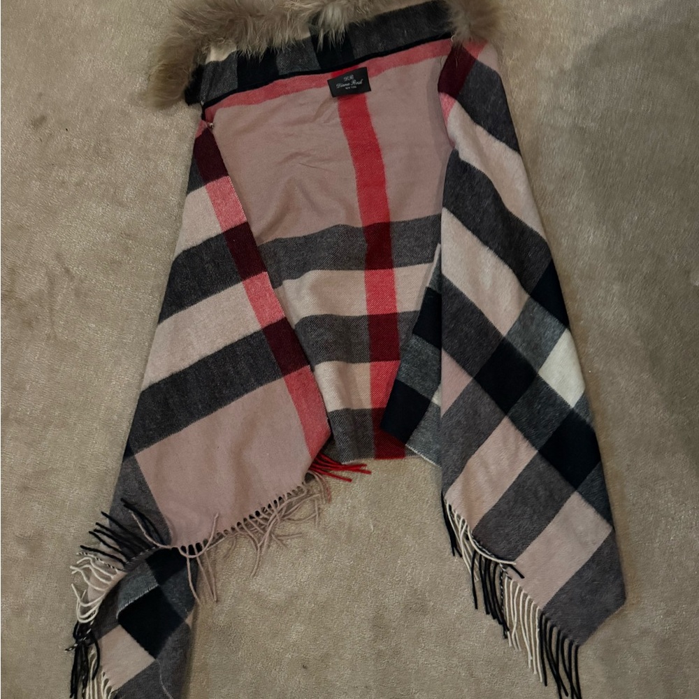 Plaid Women's Shawl with Fur Trim